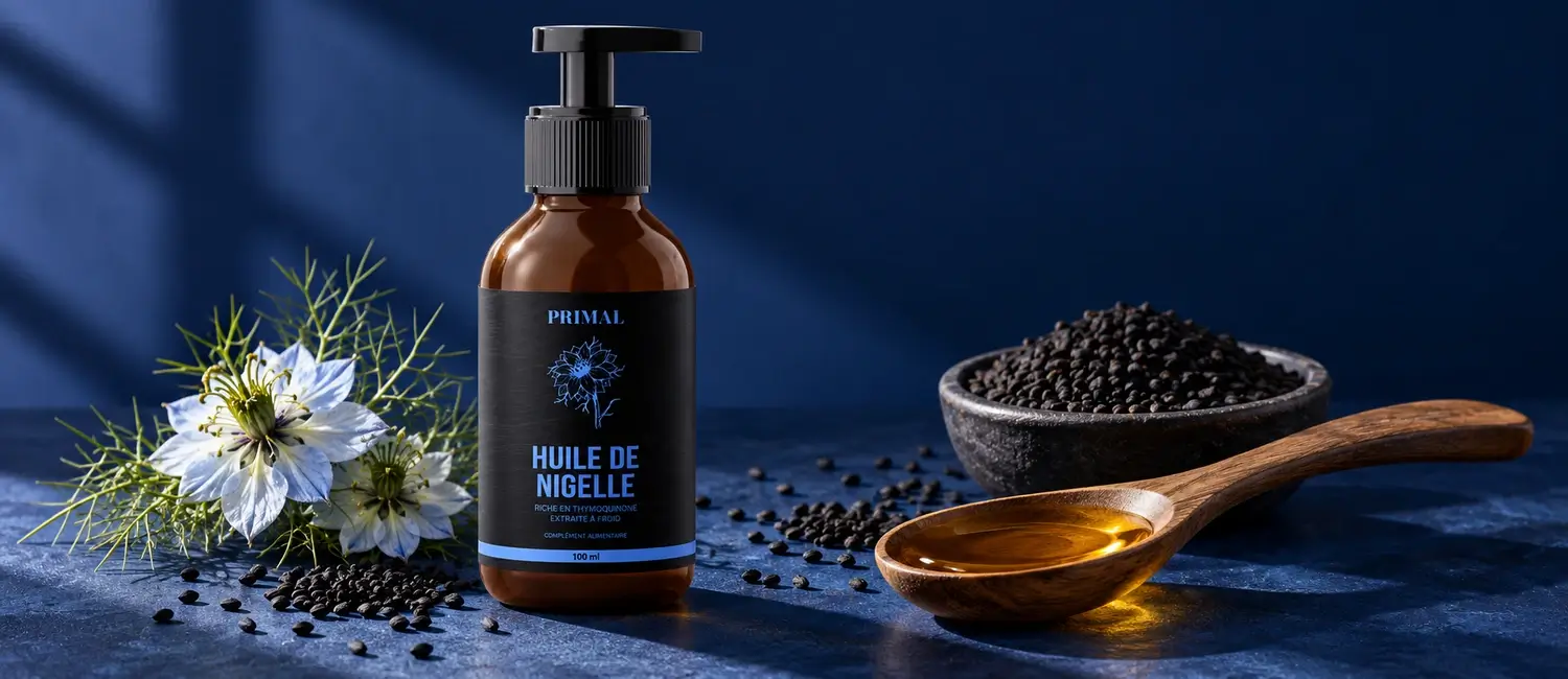 Flacon d’Huile de Nigelle Primal, cuillère d’huile et graines de nigelle