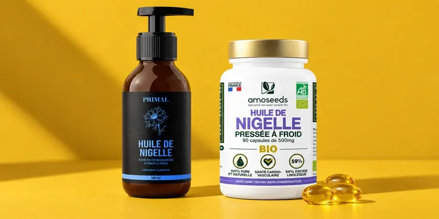 Flacon Primal et pot de capsules Amoseeds côte à côte
