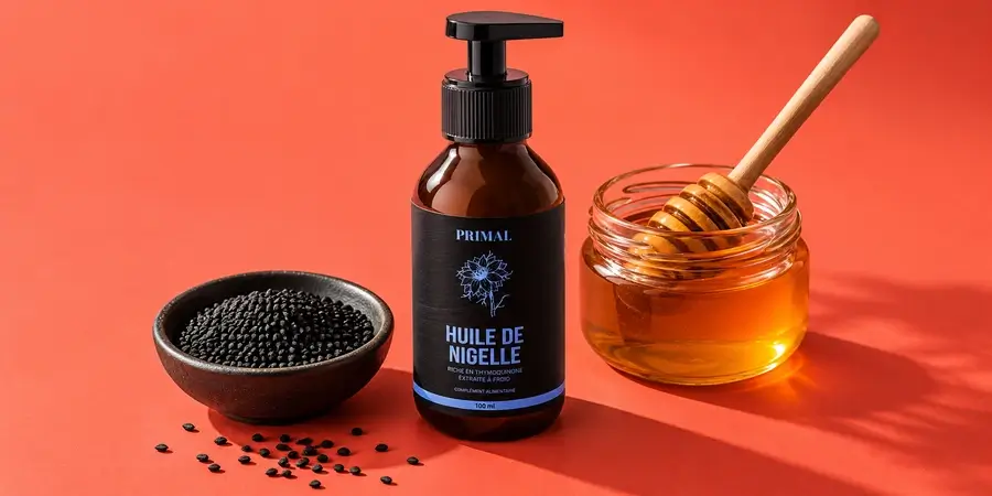 Flacon Primal, pot de miel et graines de nigelle