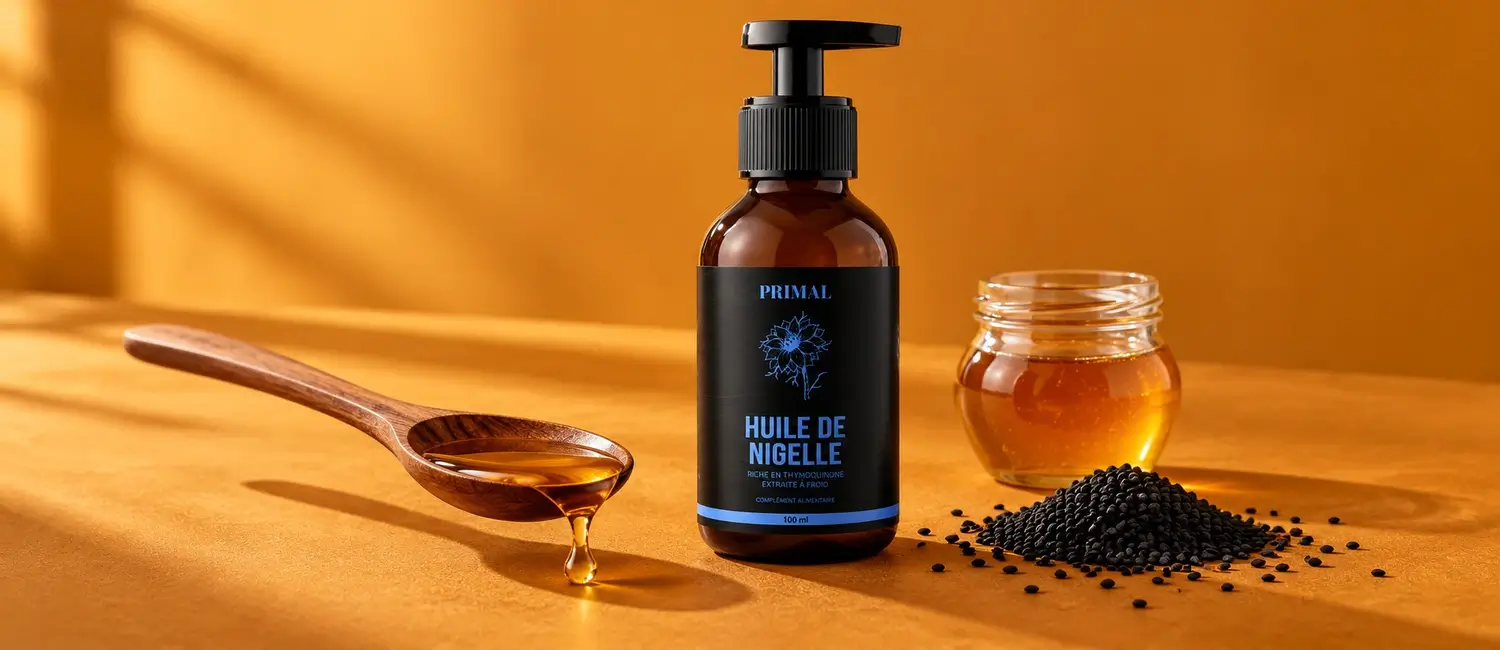 Flacon d’huile de nigelle Primal, cuillère d’huile dorée, pot de miel et graines