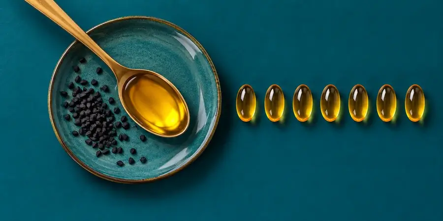 Cuillère à café d’huile de nigelle et sept capsules alignées