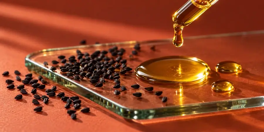 Gouttes d’huile de nigelle dorée sur une plaque de verre et graines en gros plan