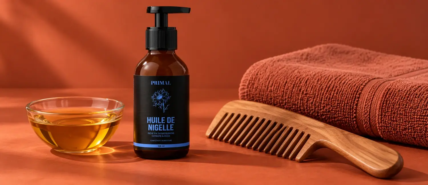 Flacon Primal, bol d’huile de nigelle, peigne en bois et serviette pliée