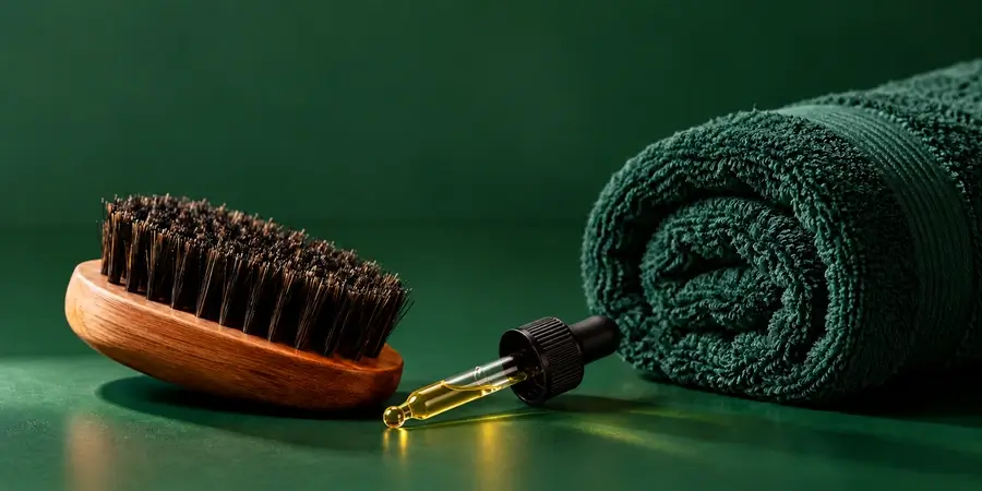 Brosse à barbe, compte-gouttes d’huile de nigelle et serviette roulée
