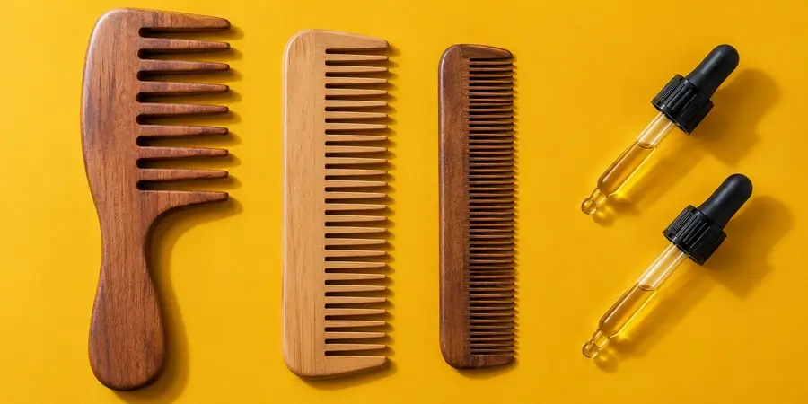 Trois peignes à dents larges, moyennes et fines avec deux pipettes d’huile