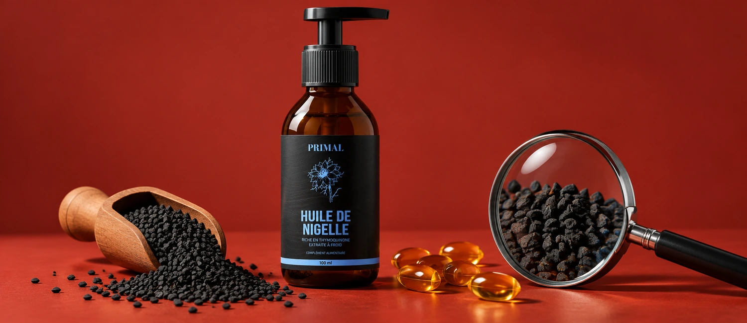 Flacon Primal, capsules, graines de nigelle et loupe
