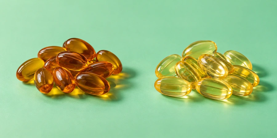 Capsules en gélatine ambrée et capsules végétales translucides en deux petits tas