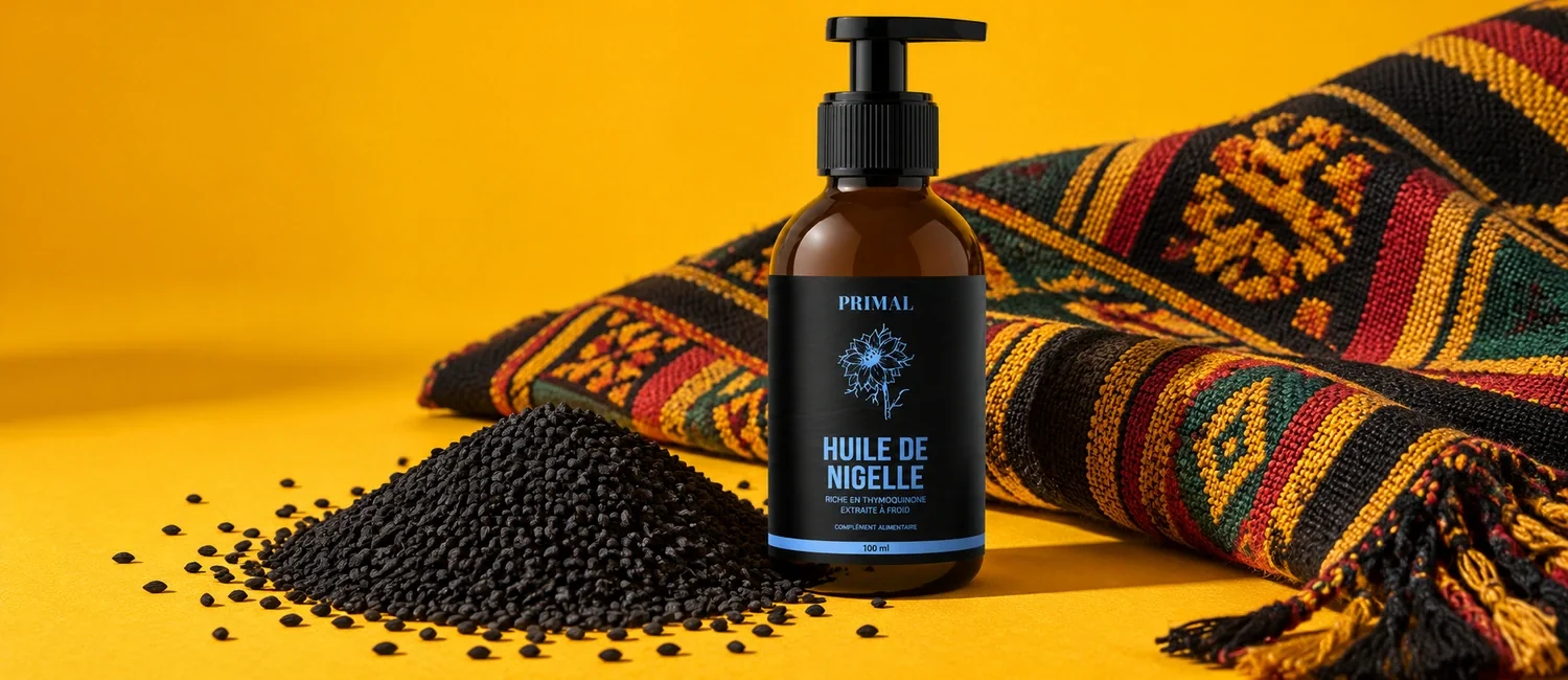 Flacon Primal, graines de nigelle d’Éthiopie et tissu tissé