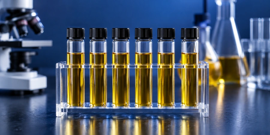 Fioles de laboratoire remplies d’huile de nigelle dorée sur un portoir