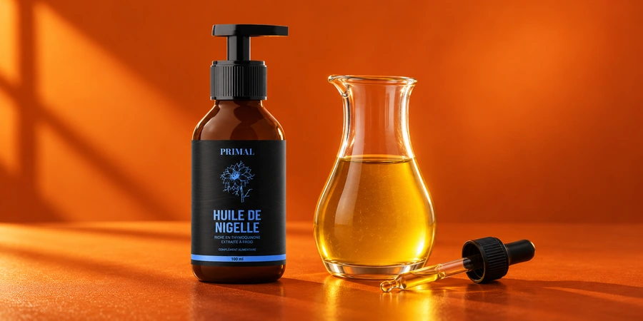 Flacon d’huile de nigelle Primal non filtrée et compte-gouttes