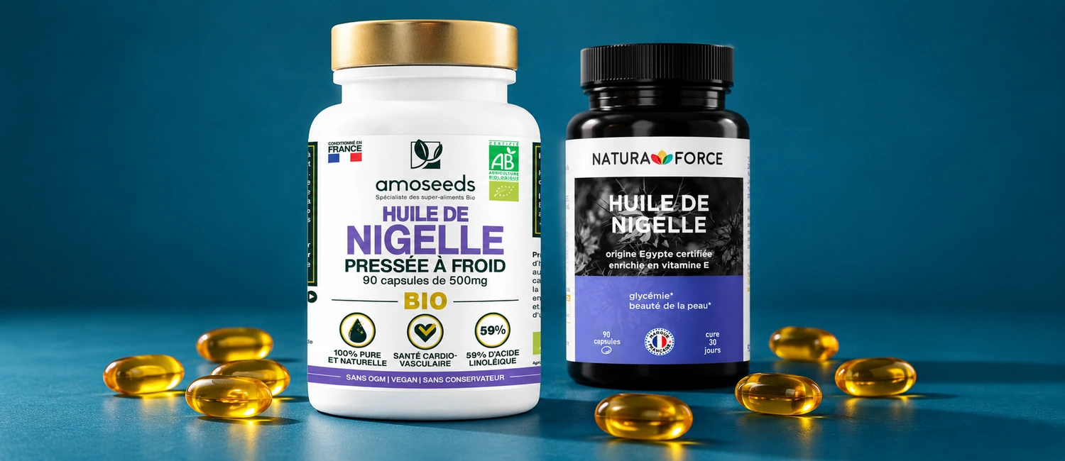 Pots de capsules Amoseeds et Natura Force entourés de capsules dorées