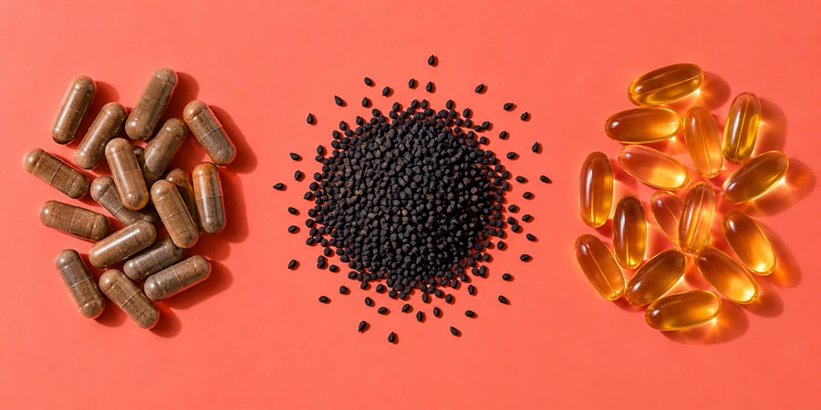 Gélules de poudre brunes, capsules d’huile dorées et graines de nigelle