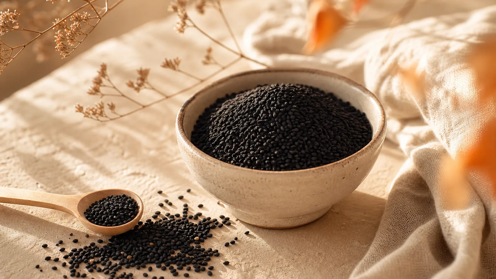 Flacon d’huile de nigelle Primal dans une routine bien-être sobre