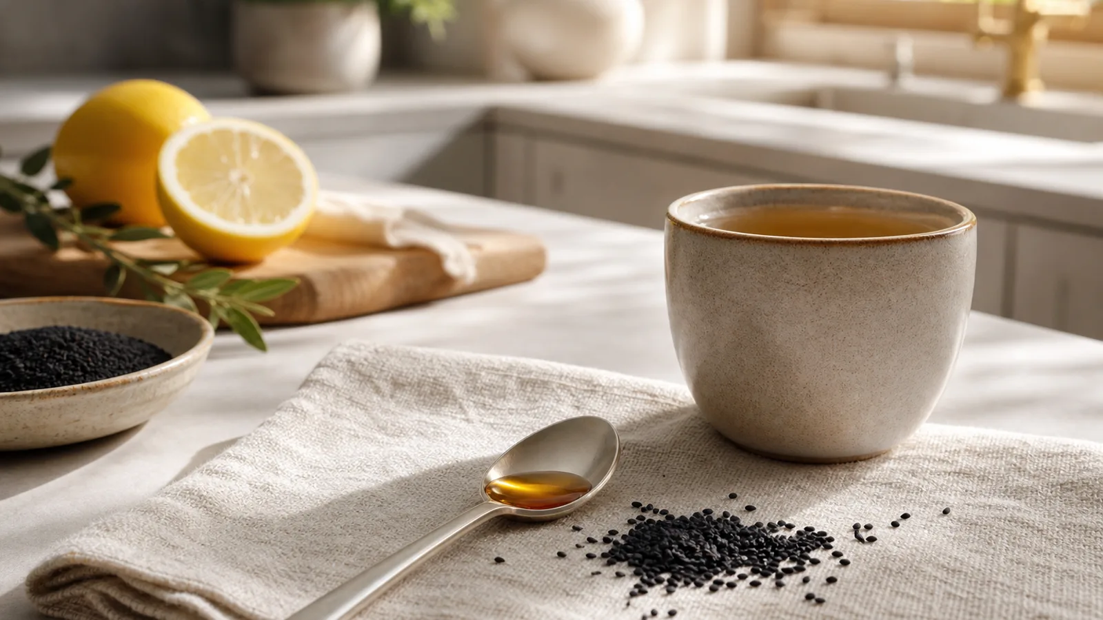 Cuillère d’huile de nigelle dans une routine matinale