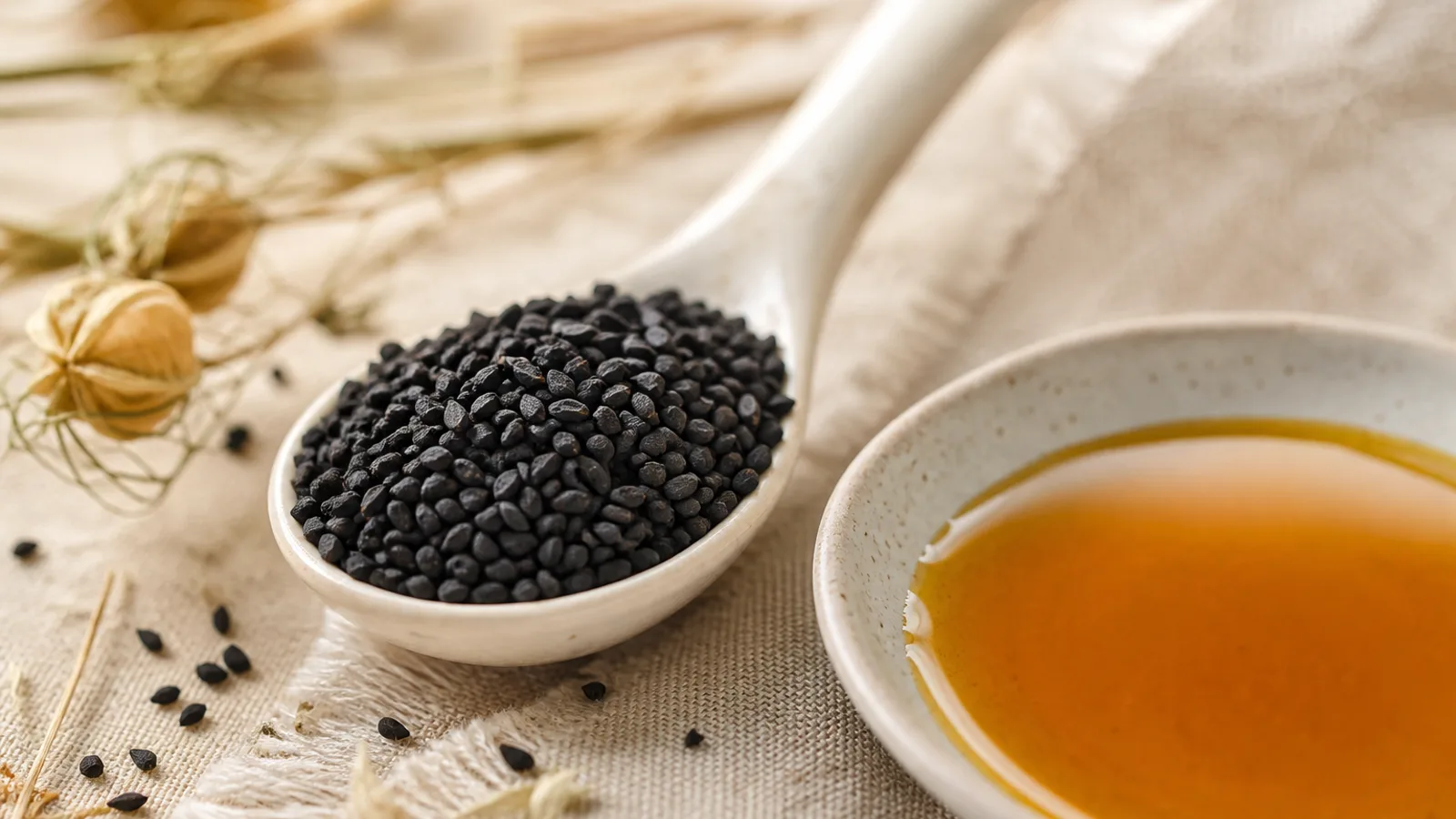 Graines de nigelle et coupelle d’huile en gros plan