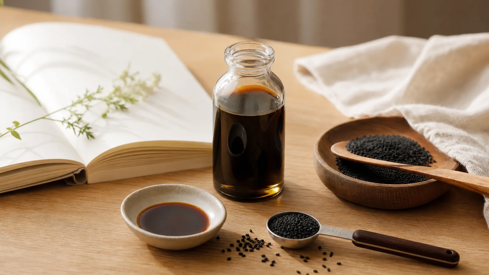 Huile de nigelle et graines noires préparées en petite dose sur une table claire