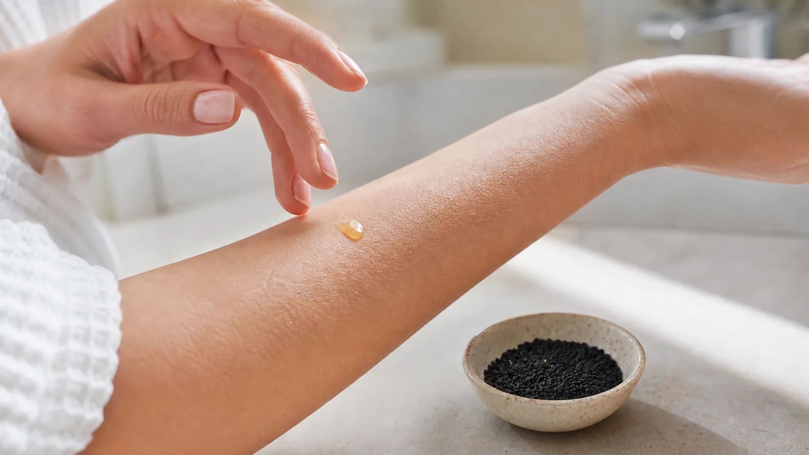 Test cutané prudent avec une goutte d’huile de nigelle