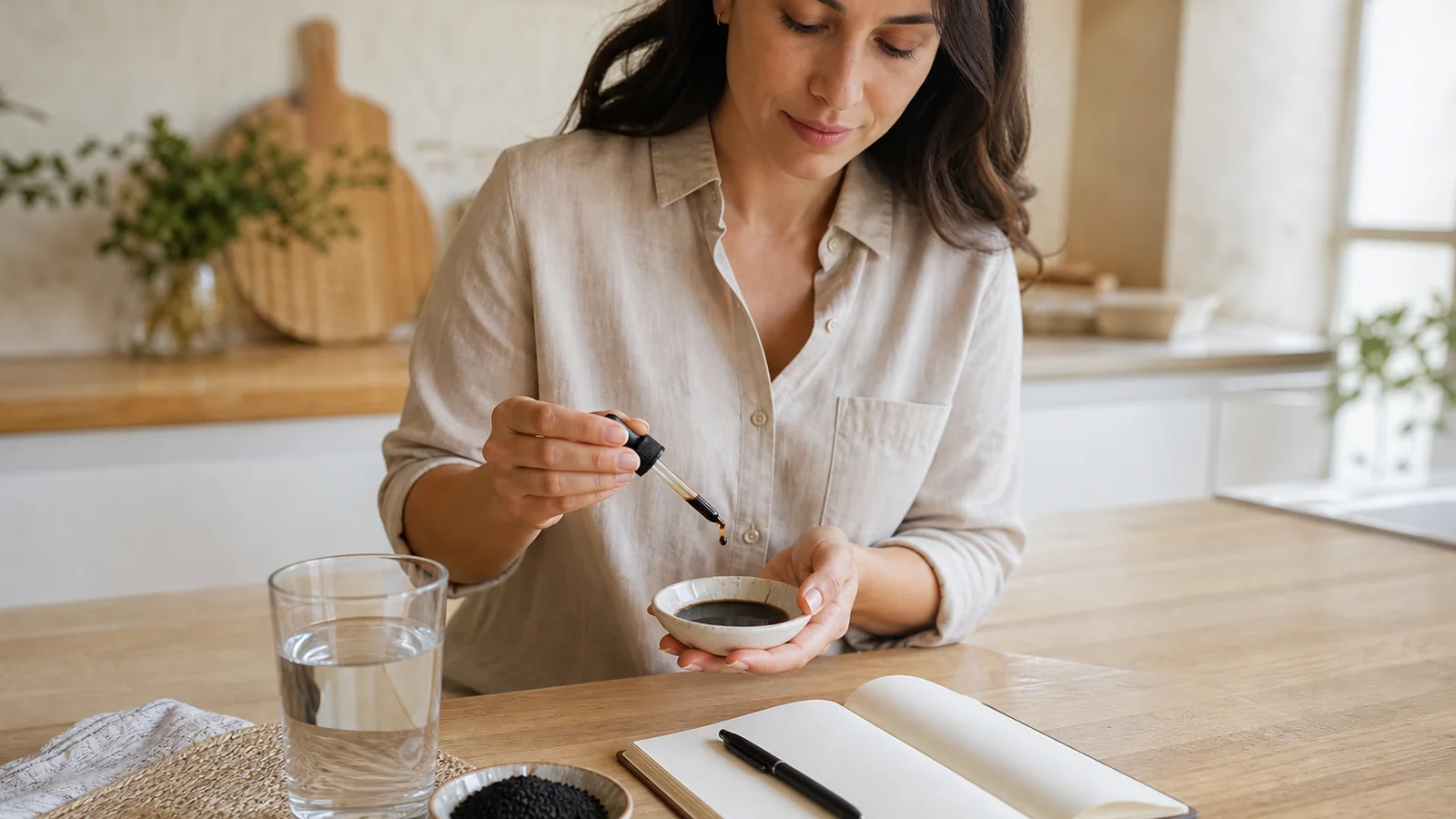 Routine prudente avec huile de nigelle, verre d’eau et carnet de suivi