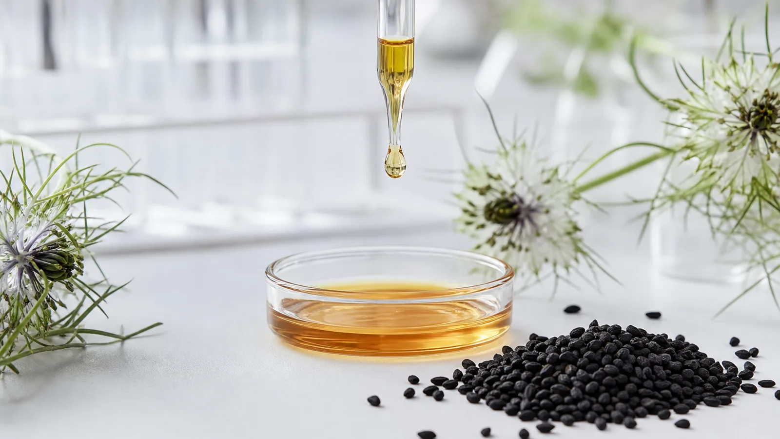 Pipette d’huile de nigelle et graines en contexte qualité