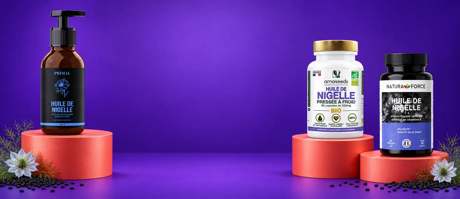 Huile de Nigelle Primal, capsules Amoseeds et Natura Force sur des podiums
